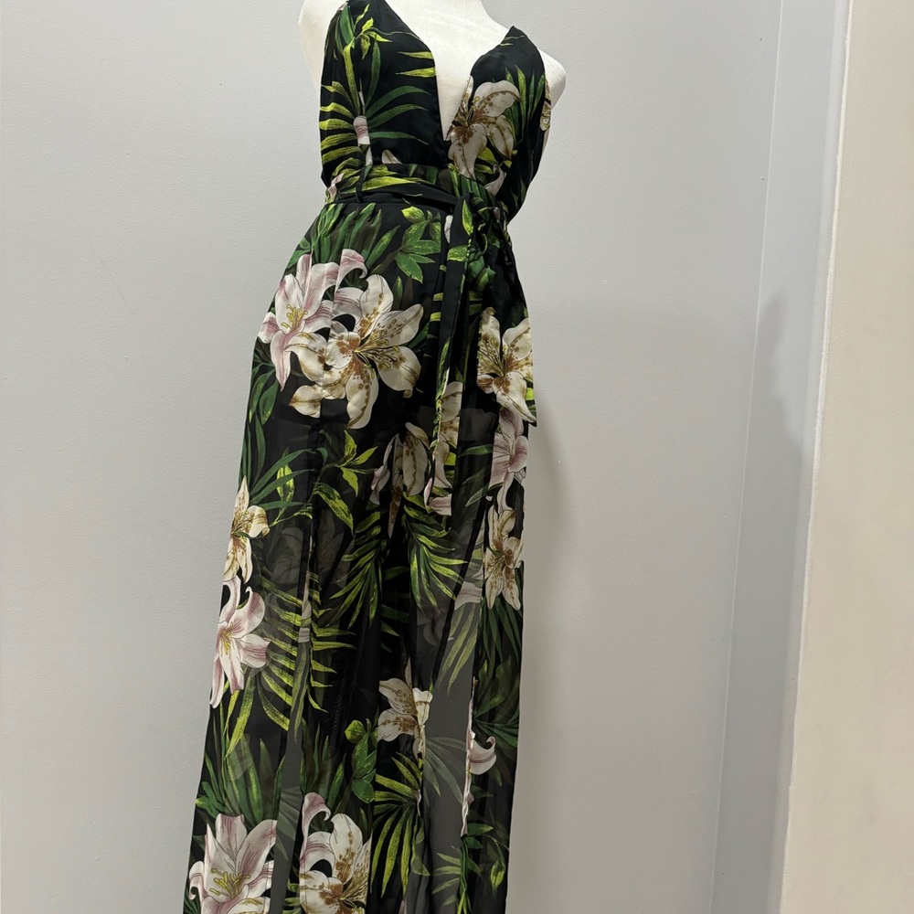 Floral Black and Green chiffon Jumpsuit